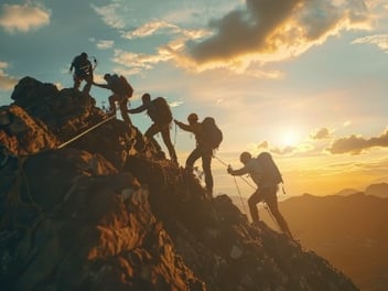 A team of mountaineers helping each other reach the top